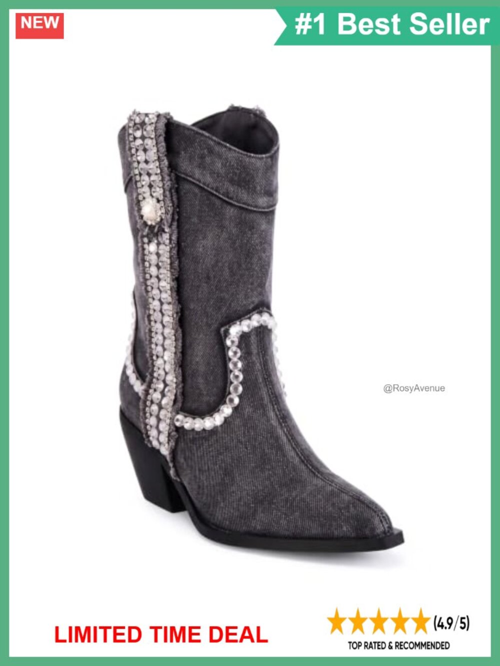 Denim Rhinestone Cowboy Boots Chunky Block Heel Mid-Calf Western